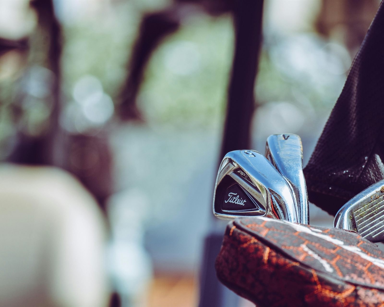Irons standing in a golf bag, packed and ready to travel.