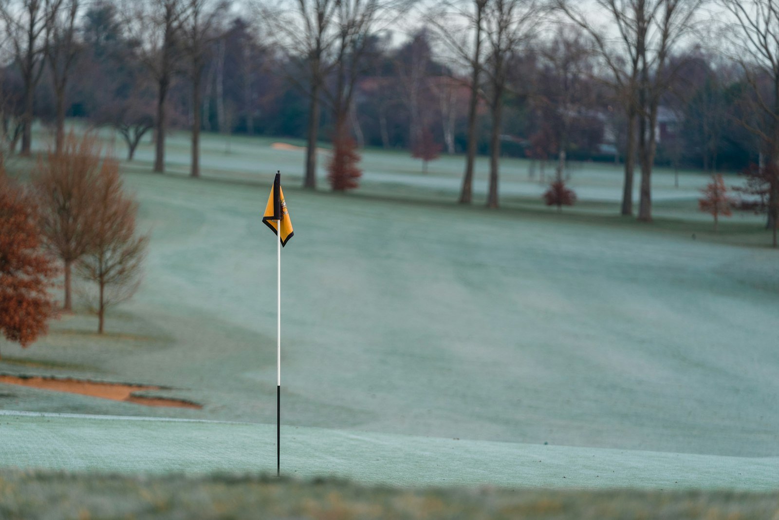 A yellow flag standing on a closely mown putting green.
