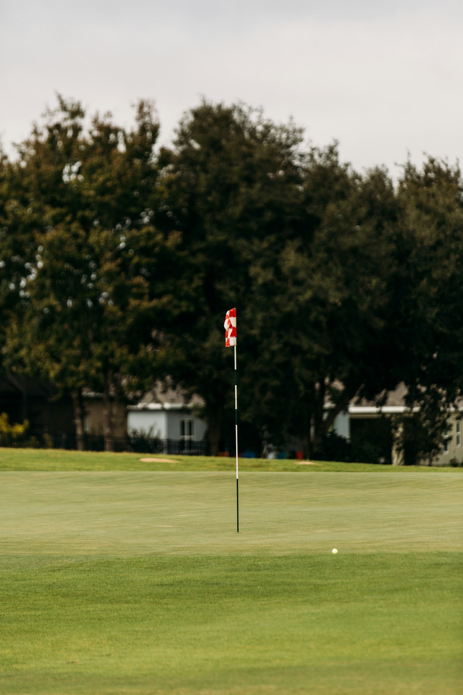 A red and white flag standing on a green golf course.