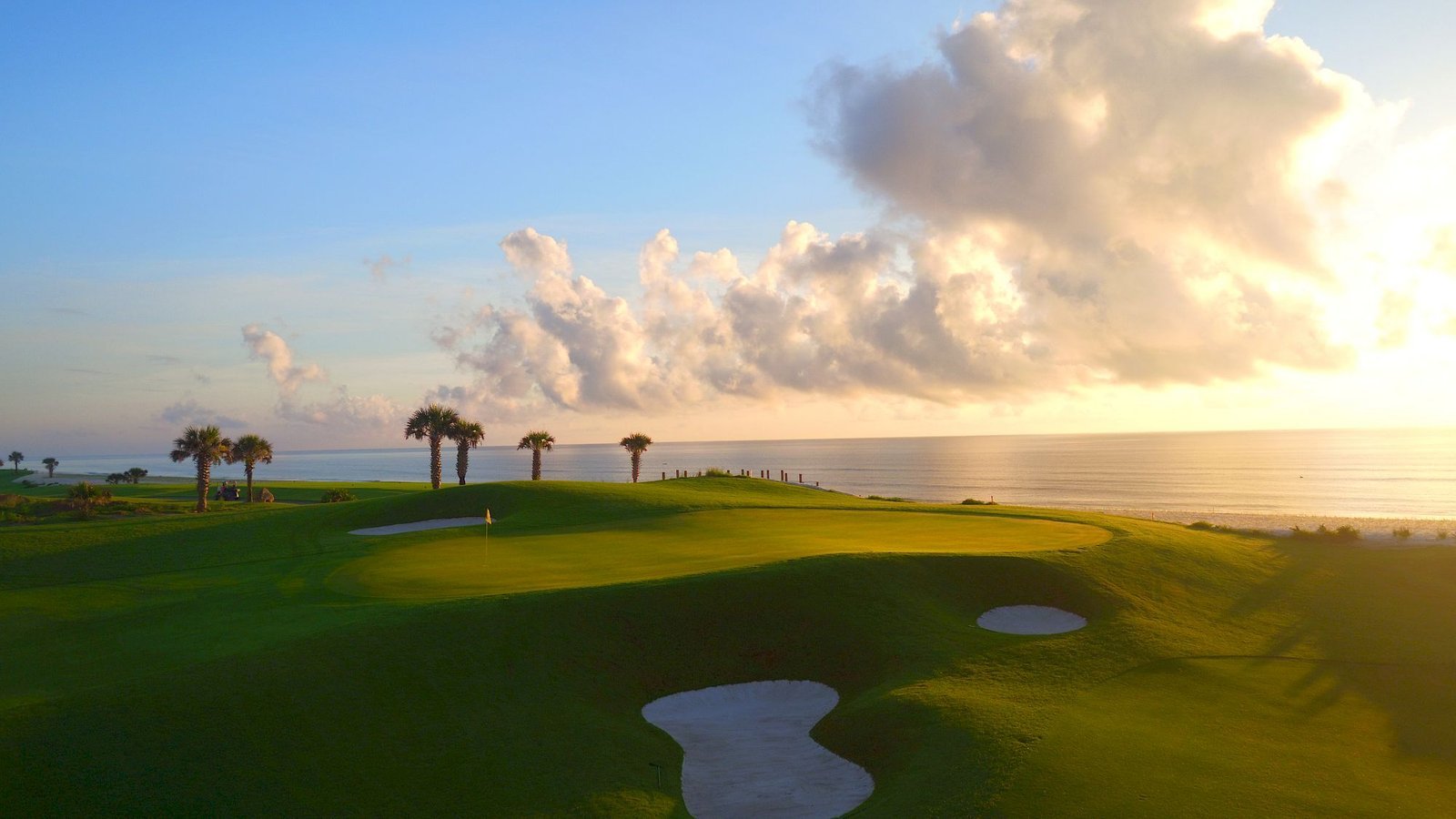 A seaside golf green at sunset, palm trees along the shoreline and the ocean beyond.