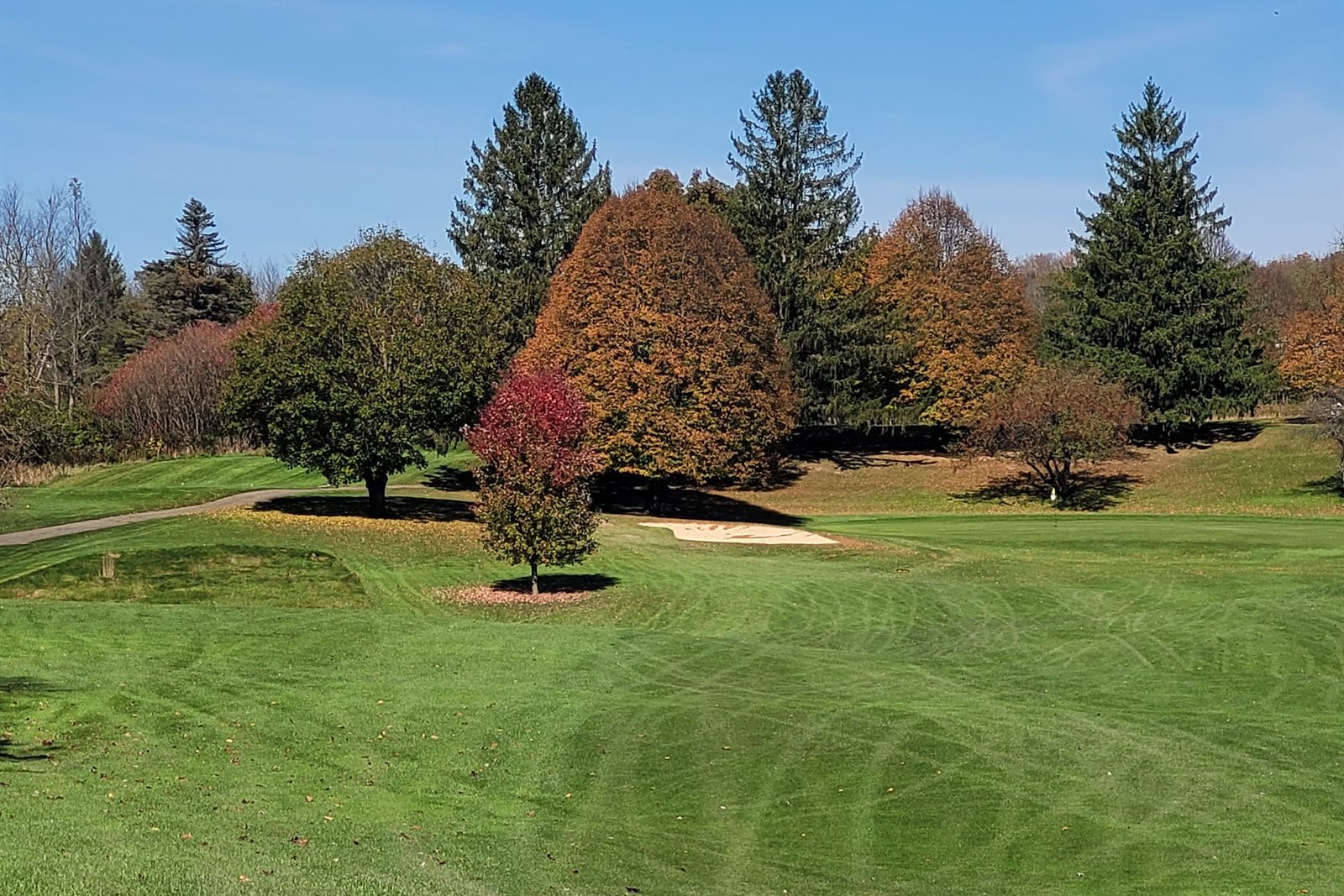 An empty fairway at a parkland course in autumn, the trees in full colour behind the green.